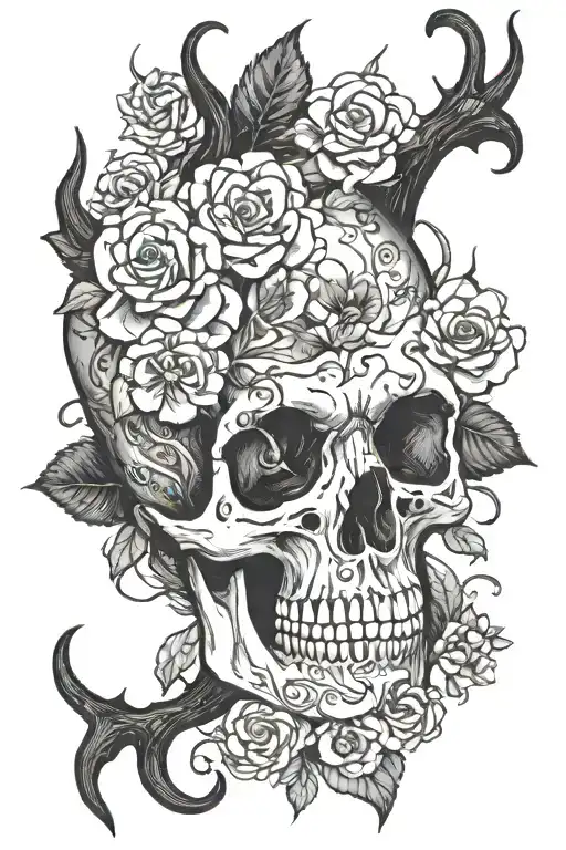 Wendigo Skull Surrounded By Flowers