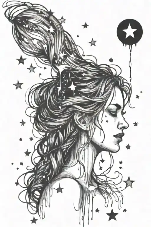 Woman Pouring Water Hair Down With Stars In Background
