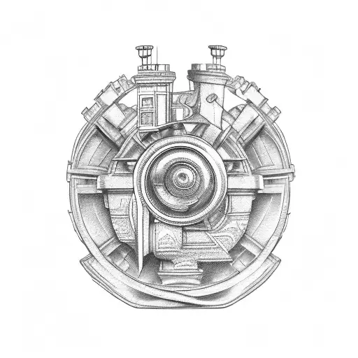 A Tattoo Of A Car Engine Intertwined With Greek Architectural Columns