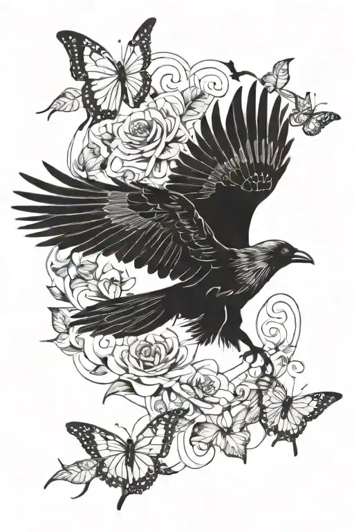 A Crow Flying And Chasing Butterflies