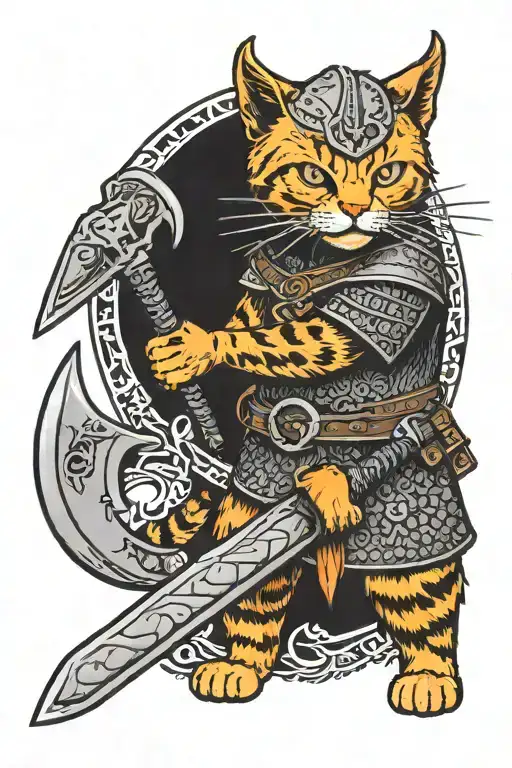 Orange Cat Dressed As A Viking Warrior Holding An Axe