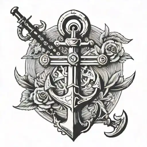 Two Rifles Crossed Behind A Sea Anchor