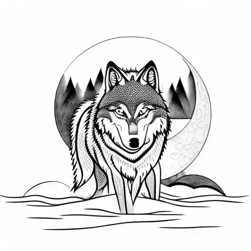 Wolf With Water Reflecting The Wolf And Forest And Moon In Background