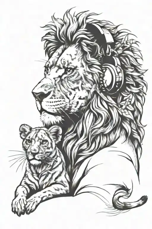 Lion In Headphones With Lioness And 4 Cubs