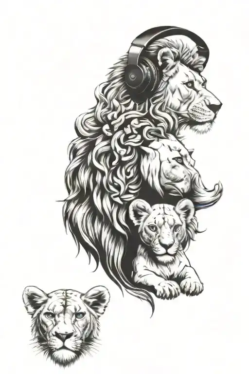 Lion In Headphones With A Pride Of Lioness And 4 Lion Cubs