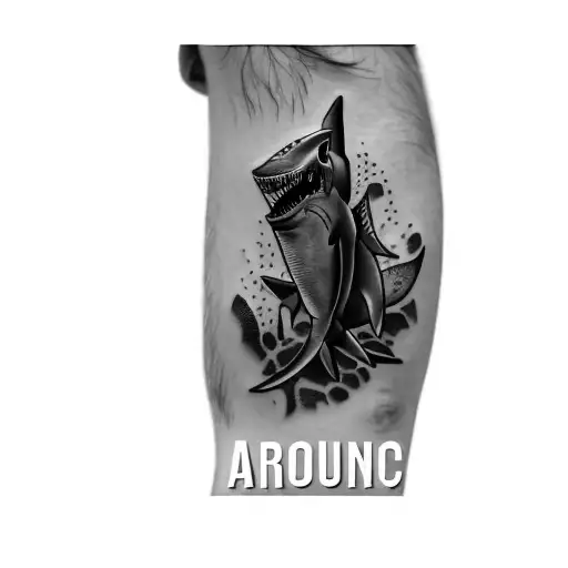 A Man With A Swimming Shark Tatoo On Is Forearm