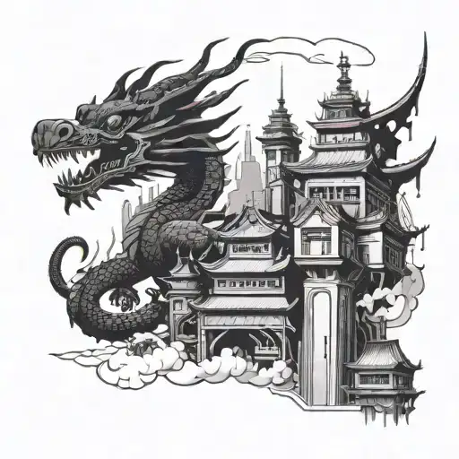 A Futuristic Industrial Cityscape With A Traditional Chinese Dragon Flying Overhead