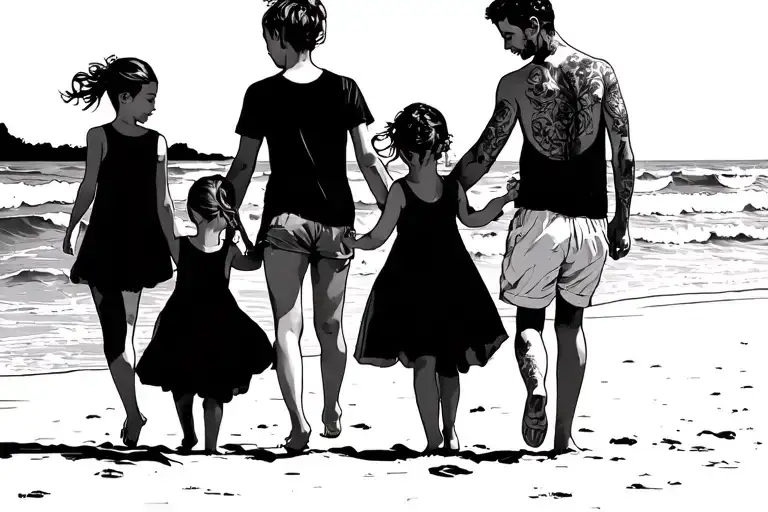 3 Young Daughters And A Dad Walking Along A Beach Holding Hands