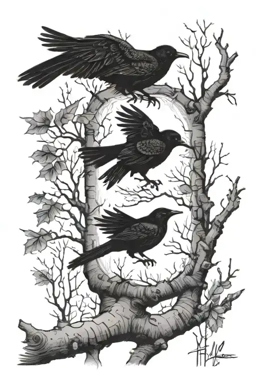 Birch Tree With A Raven Sitting Robin Flying And Woodpecker Sitting