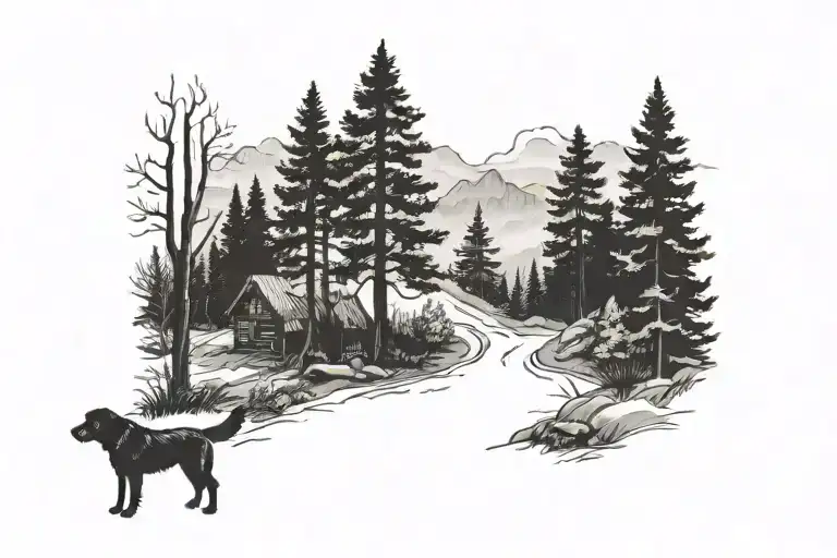 Foggy Mountain Woods With Hardwood Trees And A Dog Beside A Man Walking Towards The Woods