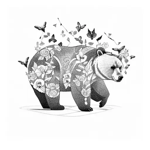 A Tattoo Of A Majestic Bear Surrounded By A Swarm Of Vibrant Butterflies In Blackwork Style