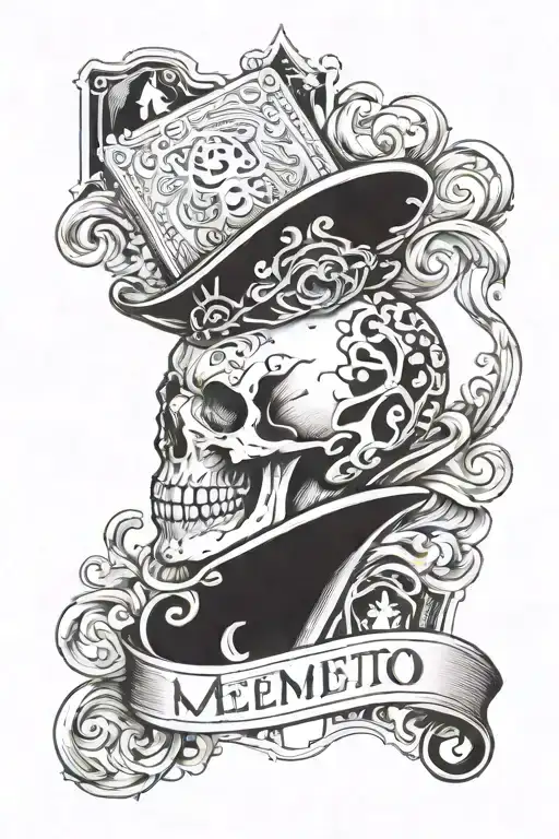 Skull Inside An Ace Of Spades Card With The Word Memento On Top And Mori On The Bottom