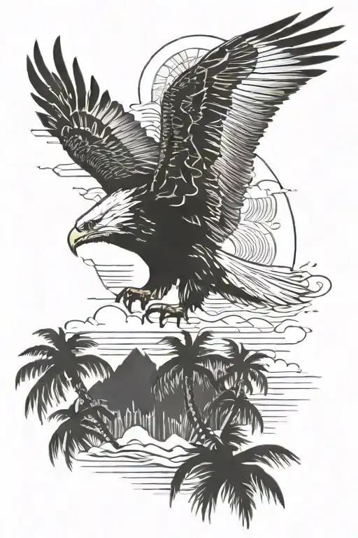A Majestic Eagle Flying Over A Tropical Beach With Palm Trees