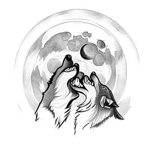 Male And Female Wolf Howling Together Face To Face With The Moon In The Back