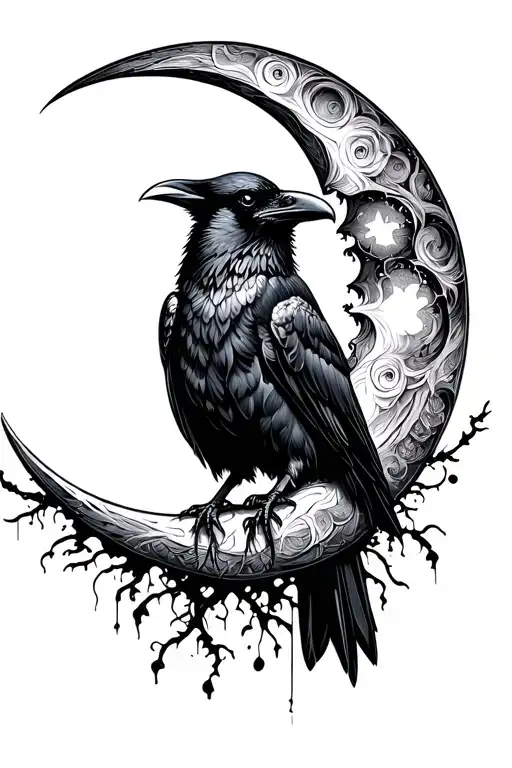 Raven And Crescent Moon Surrounded