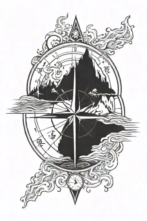 Compass With Ocean And Mountain Range
