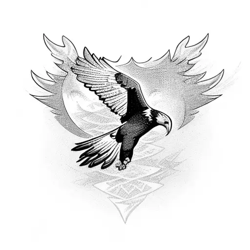 A Blackwork Tattoo Of A Majestic Eagle Flying Against A Backdrop Of A Vibrant Sunset