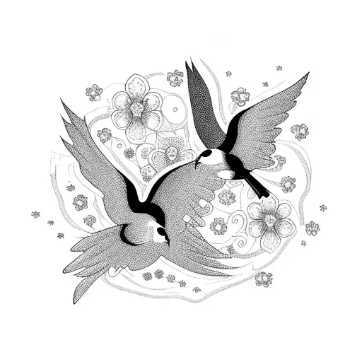 A Blackwork Tattoo Of Two Birds Flying With Flowers And Little Sparkles