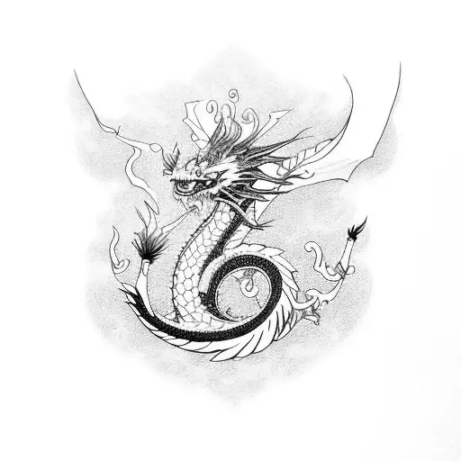 A Symmetrical Anime Tattoo Featuring An Oriental Dragon Surrounded By Red Spider Lilies