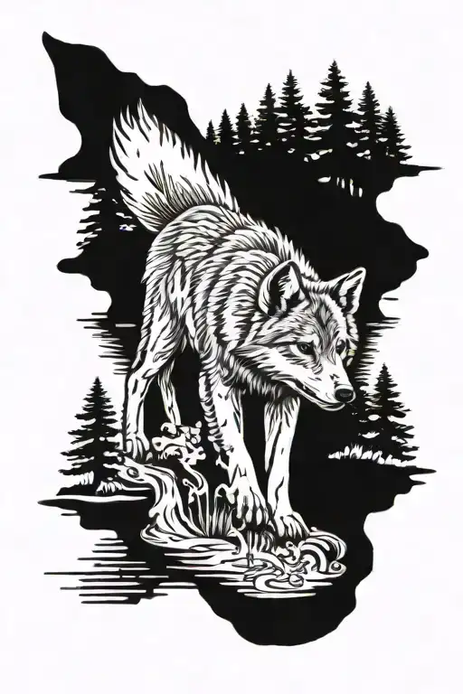 Wolf Cub And Wolf Reflection In Water With Forest Scene