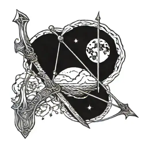 A Detailed Bow And Arrow Design With A Moon In The Background