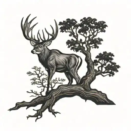 Whitetail Buck Hidden Inside Of An Big Old Oak Tree With A Moonlit Background