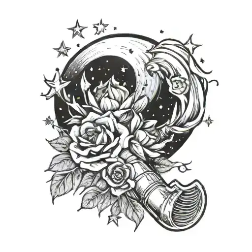 A Bouquet Of Flowers Forming A Fire Hose With A Moon And Stars Above