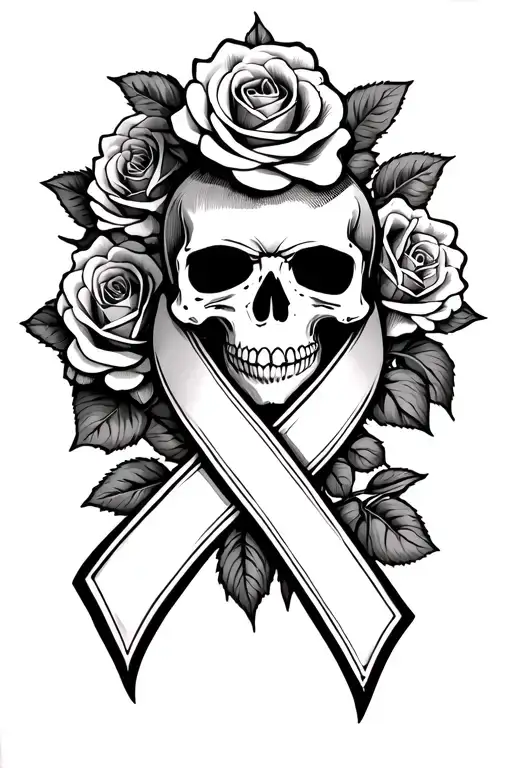 Cancer Ribbon With Skull And Roses Intertwined