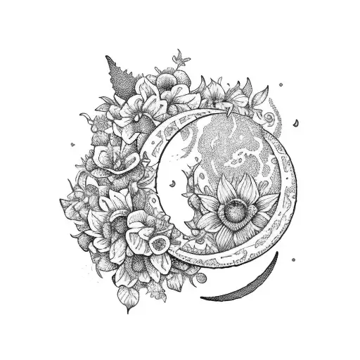 A Mystical Crescent Moon Surrounded By A Garden Of Beautiful Flowers