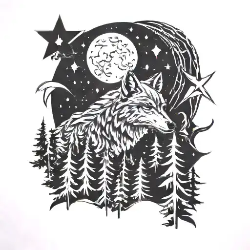 Wolf Pine Forest Stars Moon Mountain