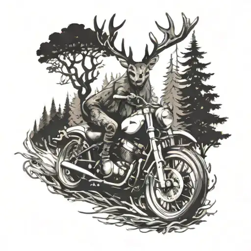 A Motorcycle Speeding Through A Forest With A Deer Running Alongside It