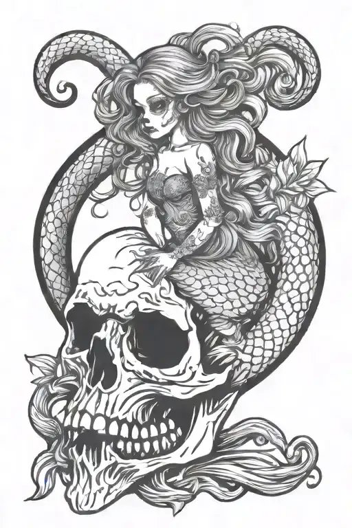 Skull And Mermaid Sitting Together