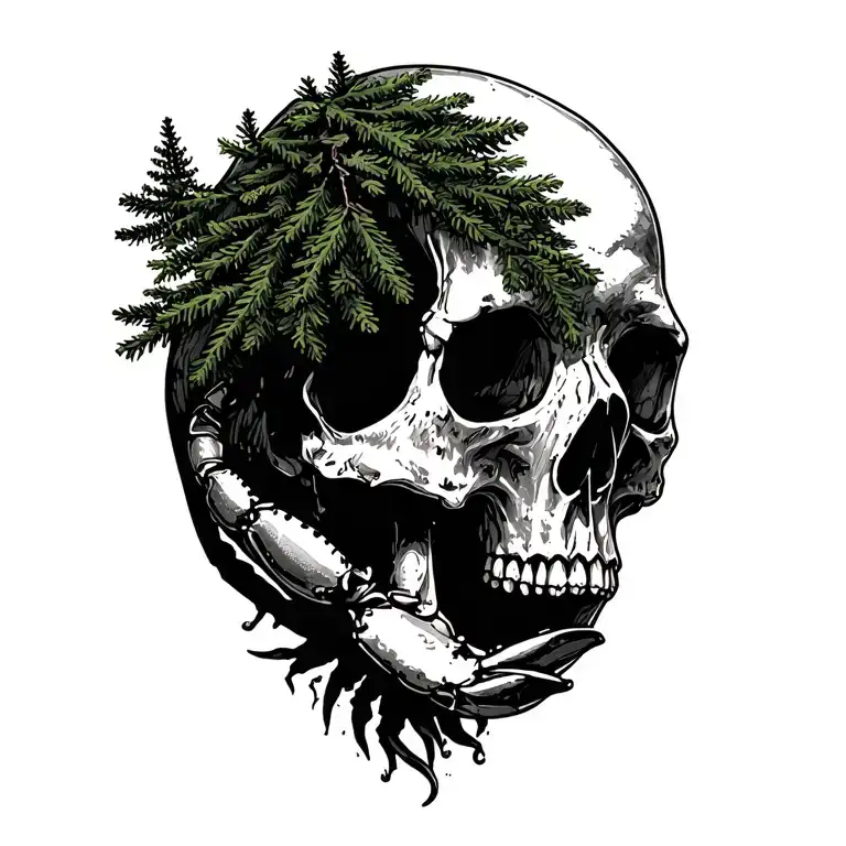 Skull With Crab And Evergreen Tree