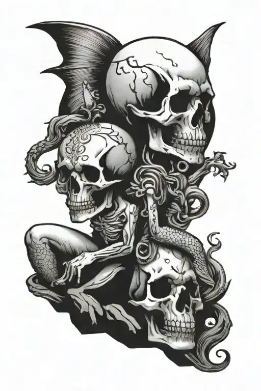 Skull And Mermaid Sitting On A Rock