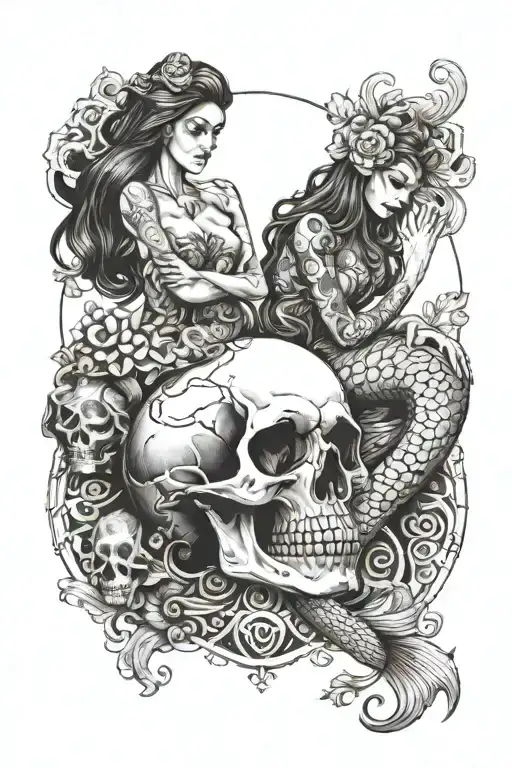 Skull And Mermaid Sitting Side By Side