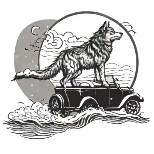 A Wolf Howling At The Moon While Driving A Vintage Car On The Sea