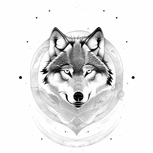 A Tranquil Wolf Surrounded By Calming Clouds In A Blackwork Style