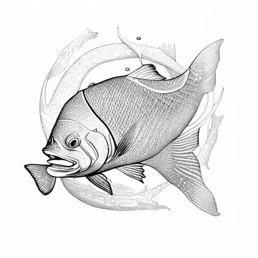 An Intricate Blackwork Design Of A School Of Fish Swimming In The Ocean