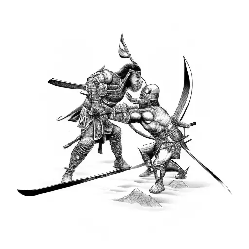 Two Warriors Killing Each Other With A Lo G Katana