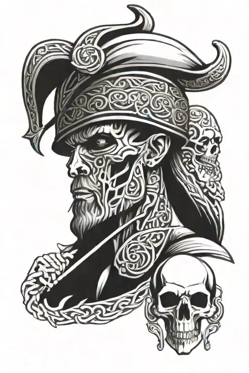 Celtic Warrior Holding A Skull With A Skully Hat In A Blackwork Design