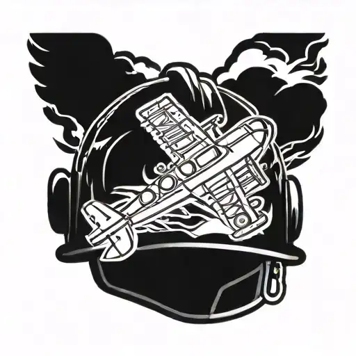 A Firefighter's Helmet Engulfed In Flames With A Bold Airplane Silhouette In The Background