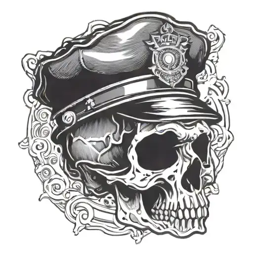 Skull Wearing A Skally Cap With Police Badge In Blackwork Style