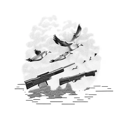 A Hunting Scene With Ducks Flying In The Sky And A Shotgun Resting Against A Tree