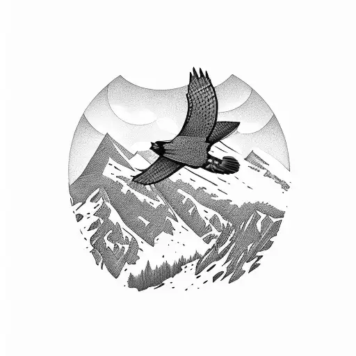 Mountain Scene With Hawk Flying Over
