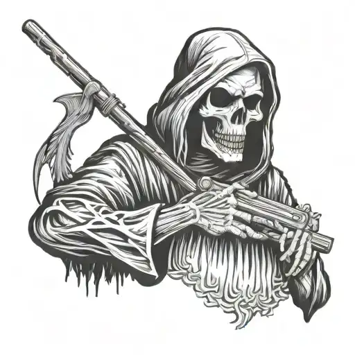 Grim Reaper With A Semi-automatic Uzi Garnished With Cannabis And A Joint In His Mouth