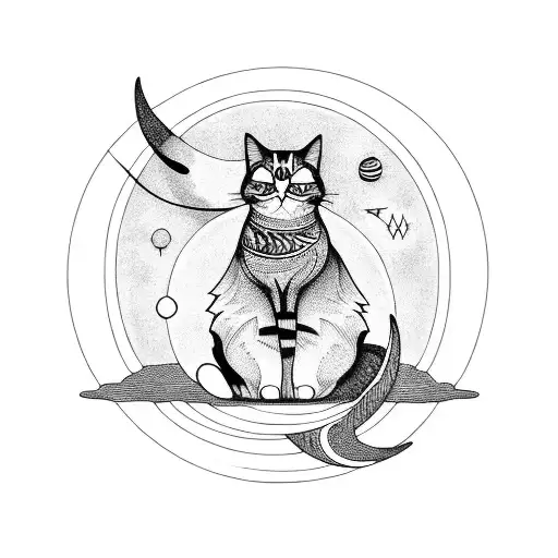 A Blackwork Tattoo Of A Cat Sitting On A Crescent Moon Surrounded By Planets