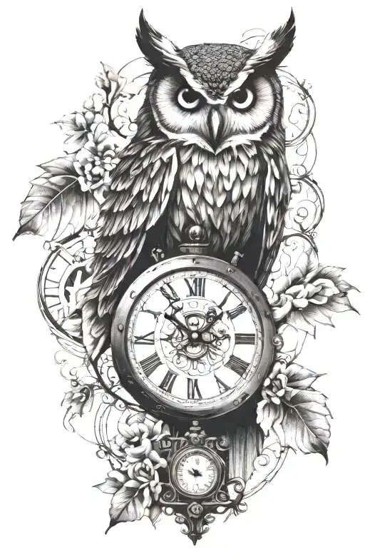 Owl And One Big Old Clock Behind