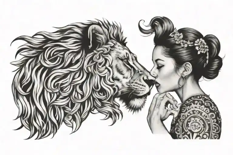 Right Profile Lion Head And The Girl Dancing In His Cheek