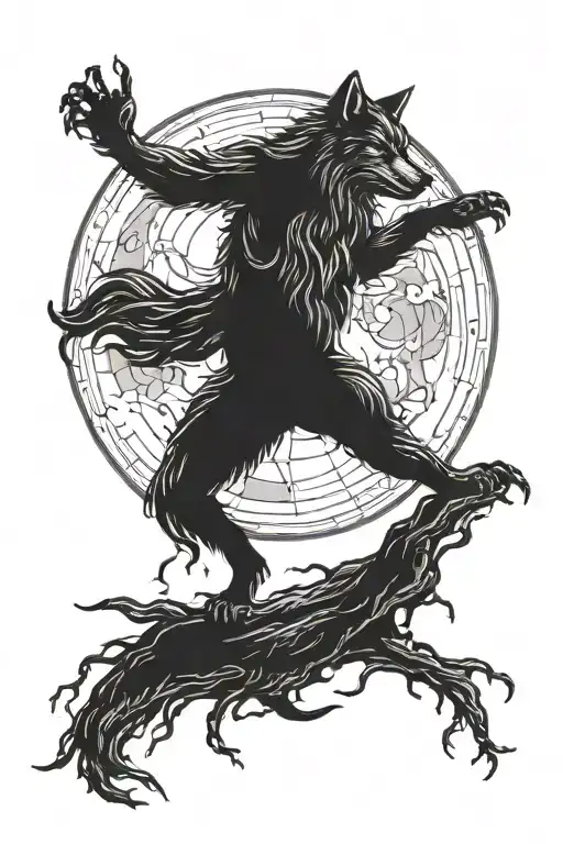 Wold Standing And Howling At Large Full Moon In Background