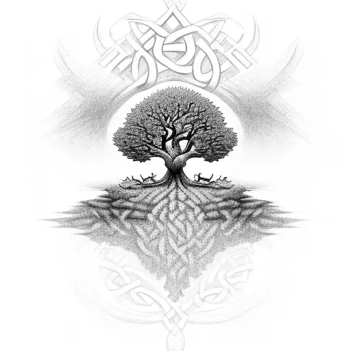 Tree Sprouting From Solid Ground With Roots Connected To Celtic Cross